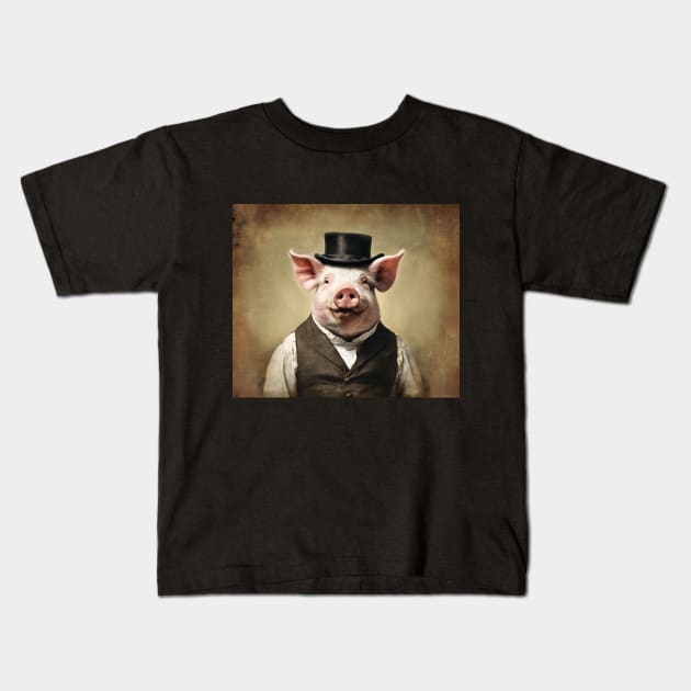 Victorian Pig Portrait Artistic Gift Kids T-Shirt by popanato